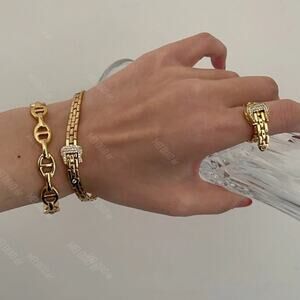 Gold Belt Buckle Bracelet Matching Ring Set, Zircon, Chain Link, Minimalist